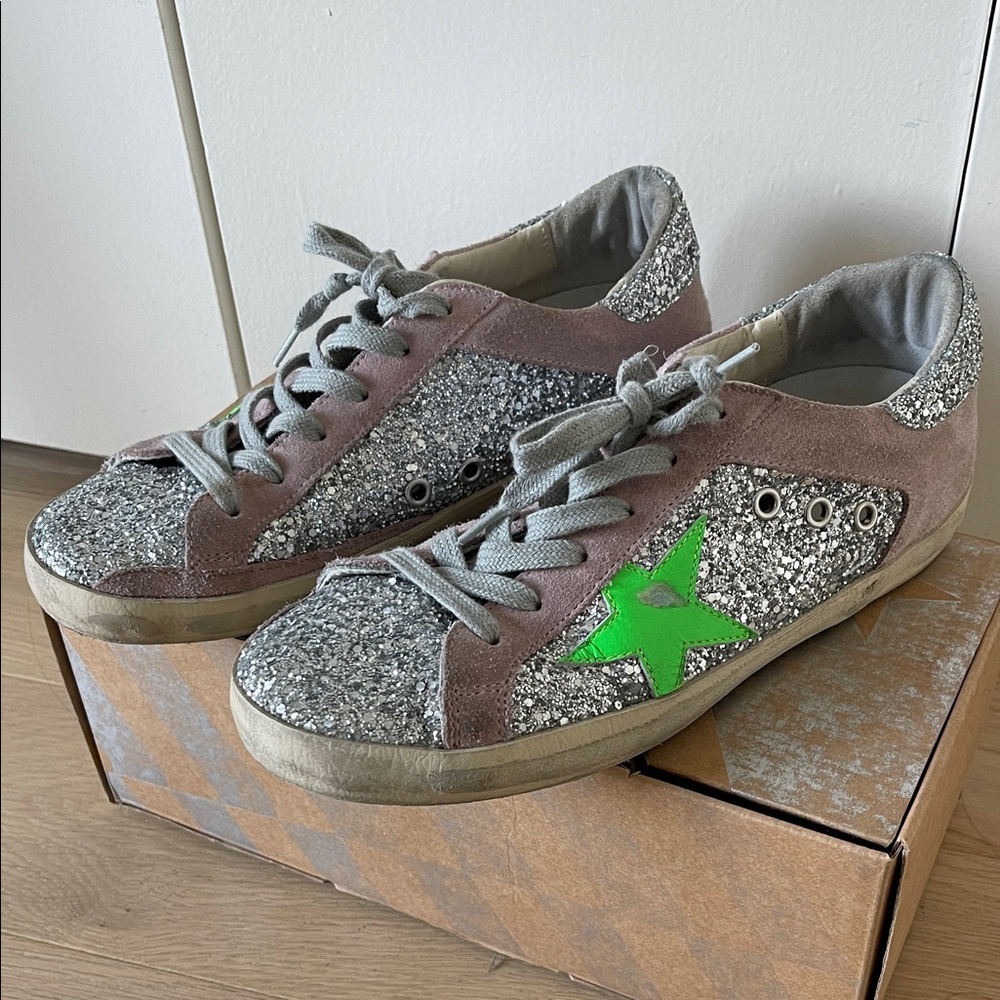 Golden Goose Glitter Sneakers with Green Star